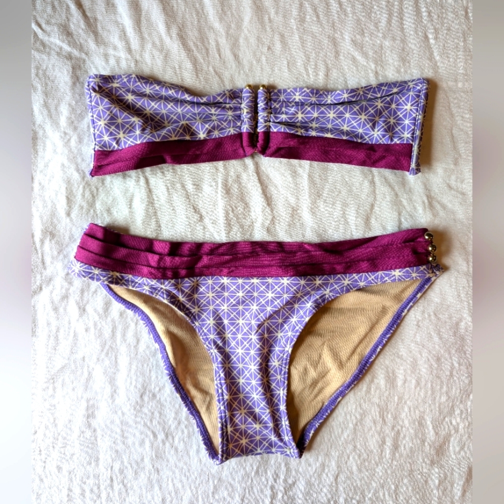 Purple/raspberry printed bandeau bikini with gold hardware